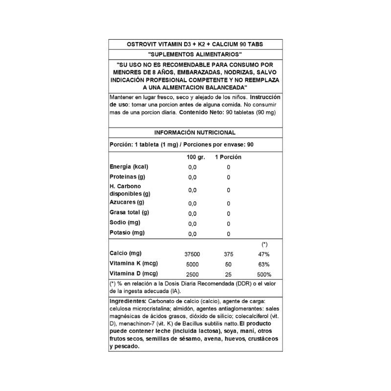CALCIO Vitamina D3+K2 OSTROVIT – 90 tabs / 90 servicios
